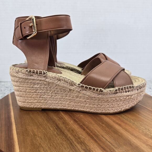 Coach Primrose Brown Leather Double Ankle Strap Platform Espadrille Wedge Sandal - Picture 5 of 16